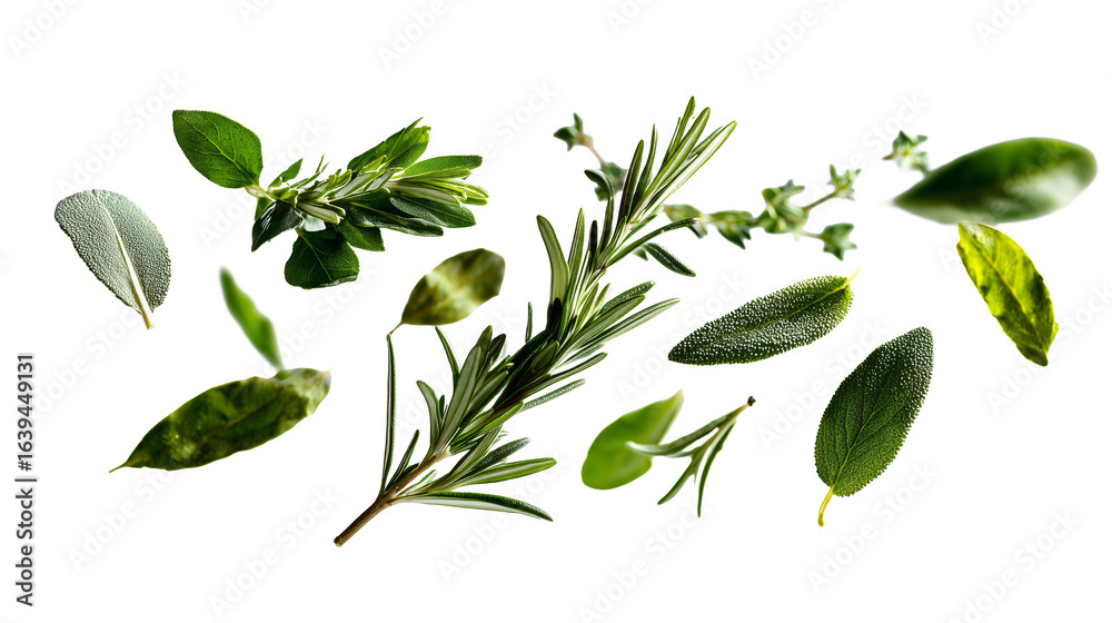 Naklejka premium Fresh herbs arranged artistically, showcasing variety of green leaves including rosemary, sage, and other culinary herbs. vibrant colors and textures evoke sense of freshness and natural beauty