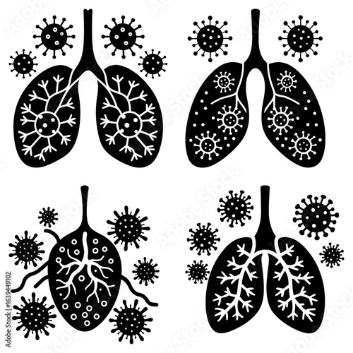 Black and white drawing showing lungs with virus particles around and inside the respiratory system anatomy