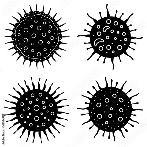 Four stylized black and white virus cell illustrations with spiky projections and circular patterns inside