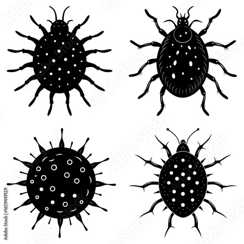 Four black and white vector illustrations of various tick and mite species in different shapes