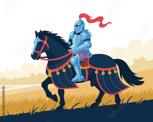 Vector illustration of a heroic medieval knight in shining armor on a warhorse