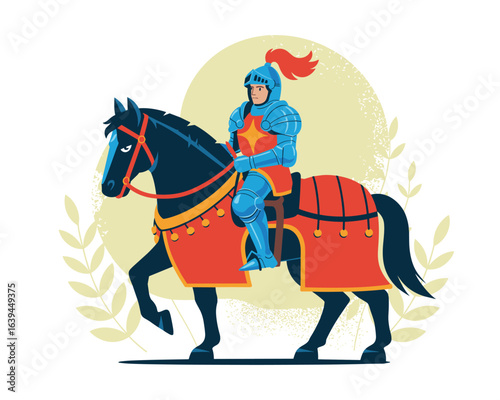 Medieval knight in shining blue armor riding a decorated warhorse