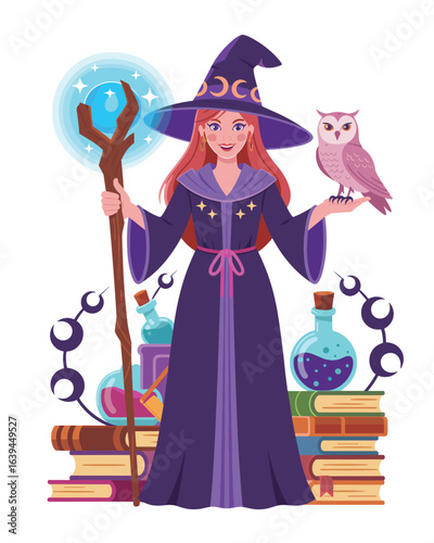 Charming witch with a magical glowing staff, an owl, potions, and spell books