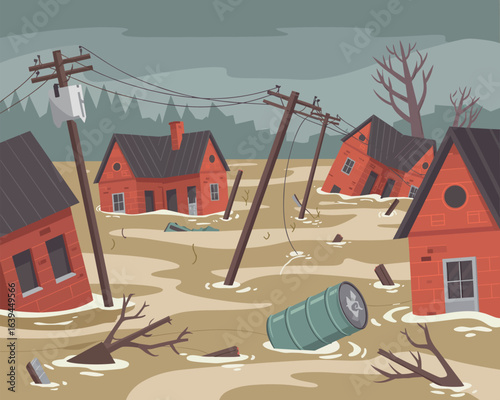Devastating flood aftermath in a submerged town with ruined houses and debris.