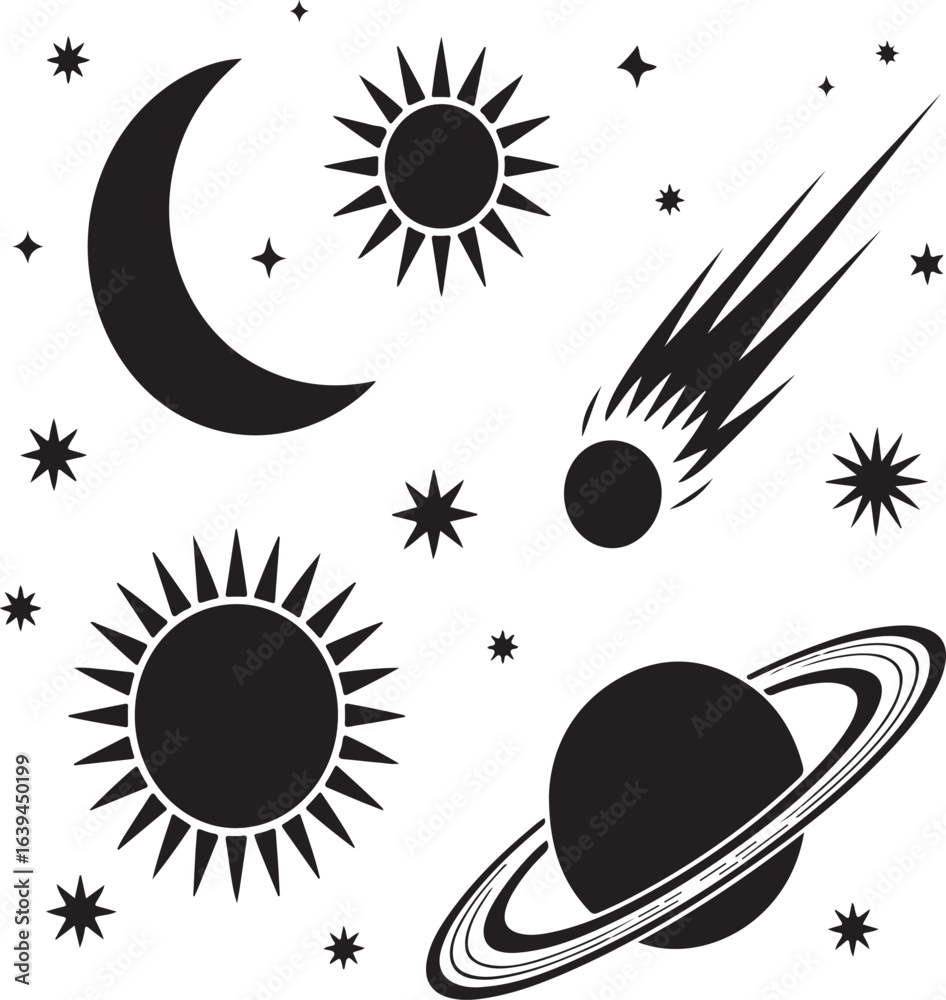 Obraz premium Celestial bodies silhouette collection featuring sun moon stars comet and saturn