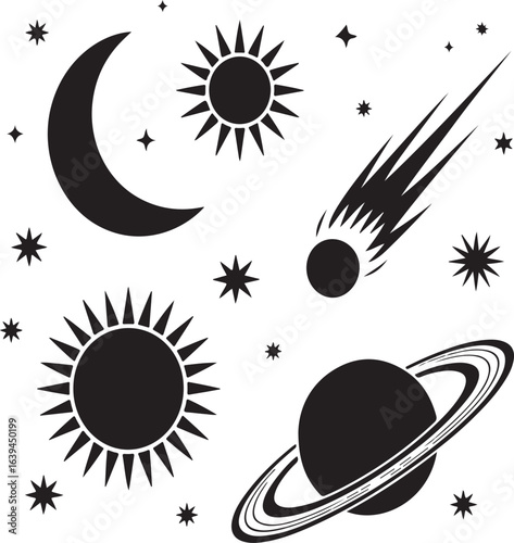 Celestial bodies silhouette collection featuring sun moon stars comet and saturn
