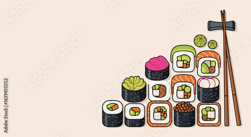 Colorful sushi assortment on light background including nigiri, maki rolls, and sashimi served with chopsticks. Sushi includes a variety of ingredients: fresh fish, vegetables, and rice.