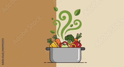 Colorful pot filled with fresh vegetables and herbs creating aromatic steam, showcasing vibrant ingredients like carrots, broccoli, and bell peppers,