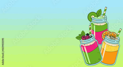 Colorful smoothies in mason jars with fresh ingredients and straws for summer vibes. Refreshing smoothies showcase vibrant layers with fruits and herbs.