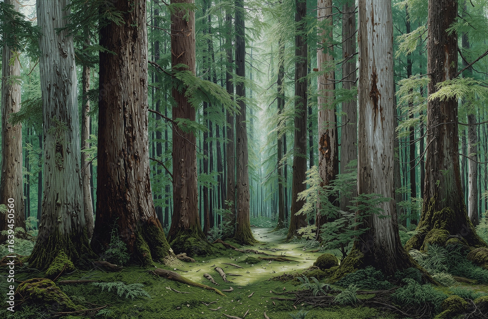 Obraz premium Photorealistic forest grove with towering trees and lush green moss covering serene woodland floor