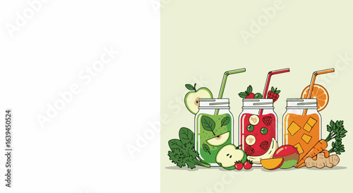 Colorful smoothies in jars with fruits and vegetables for refreshing drinks   Keywords: smoothies, fruit jars, vegetables, health drinks, green smoothie, red smoothie, orange smoothie,