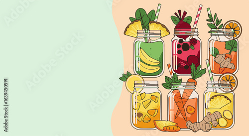 Colorful jars with refreshing juices and smoothies on creative background, jars filled with fruits, vegetables, and herbs, offering vibrant options for World Vegetarian Day celebrations.