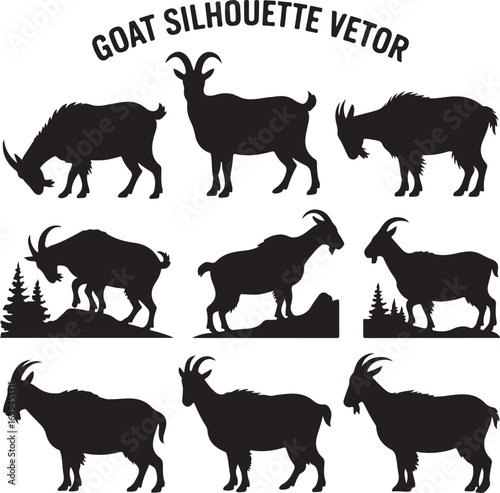 Collection Of Nine Black Goat Silhouettes In Various Poses On White animal vector