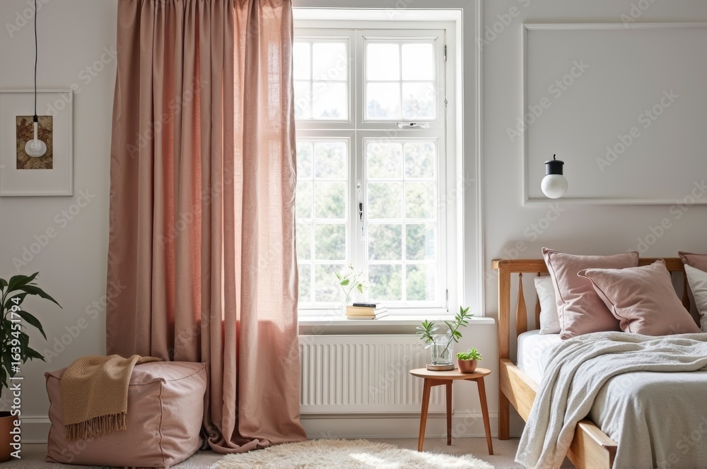 Obraz premium Cozy bedroom with pink curtains and natural light featuring wooden furniture and green plants