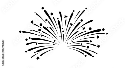 Monochromatic celebratory explosion graphic with stars and sparkles. A stylized firework illustration with radiating lines for a festive event.