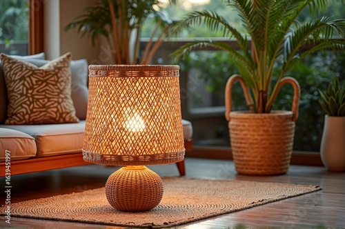 Cozy living room with rattan lamp and natural decor