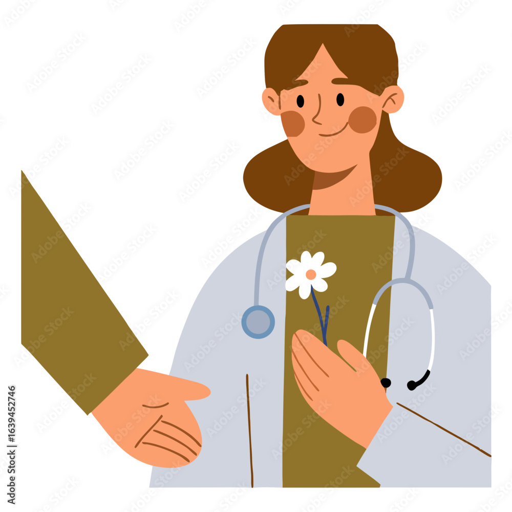Obraz premium Young woman doctor receiving a flower from a patient in clinic on International Doctor's Day