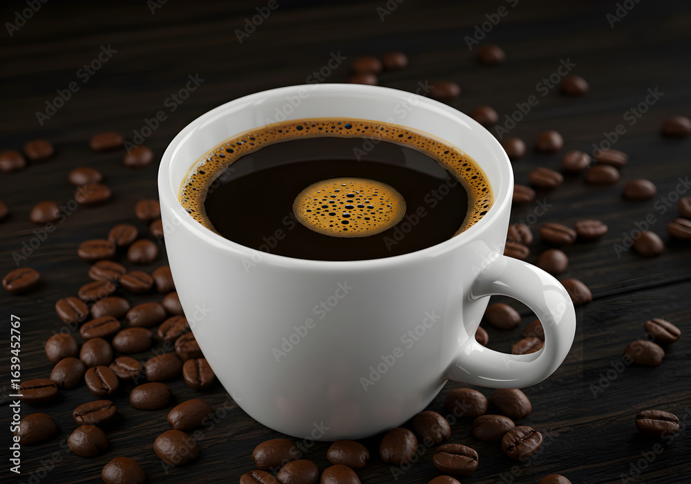Fototapeta premium A simple white mug of strong black coffee sits on a dark wood table, with roasted coffee beans scattered around it. This image represents a classic morning coffee, a caffeine break, or a simple cafe b