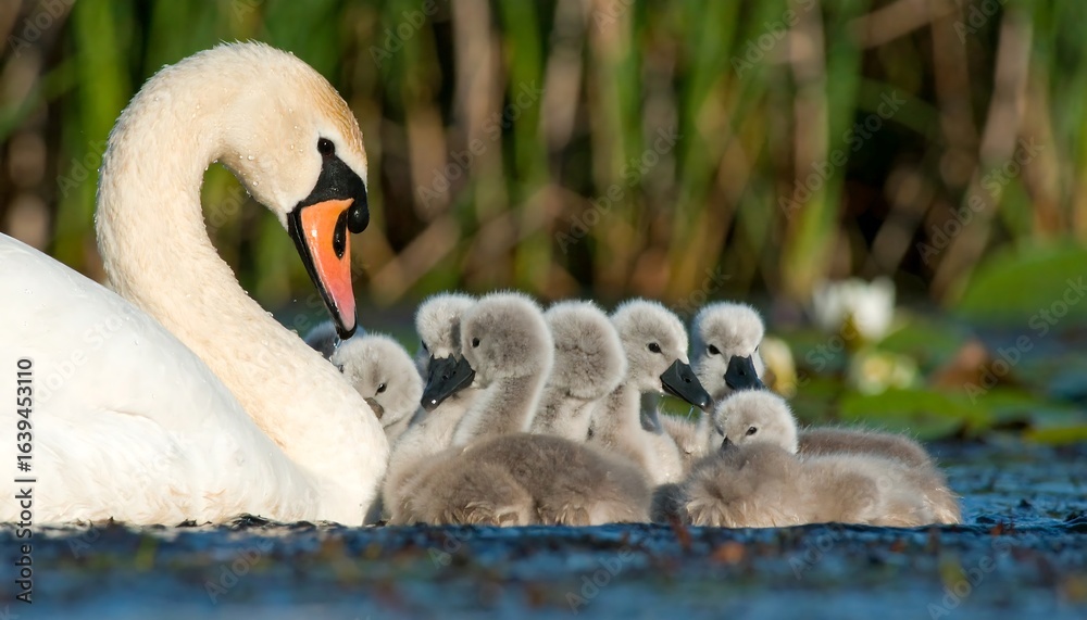 Obraz premium Swan mother with cygnets resting on water.