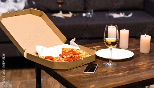 Leftover Pepperoni Pizza, Wine, and Candles on Table with Messy Couch