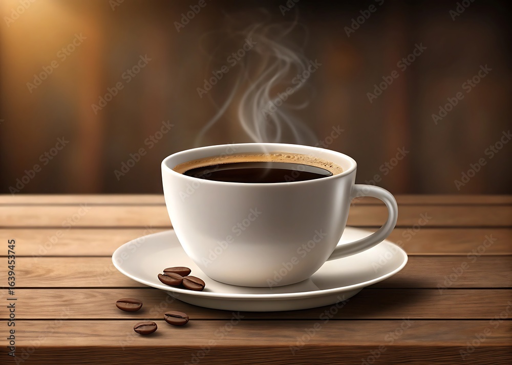 Fototapeta premium Steaming Cup of Black Coffee on a Saucer with Coffee Beans on Wooden Table beverage