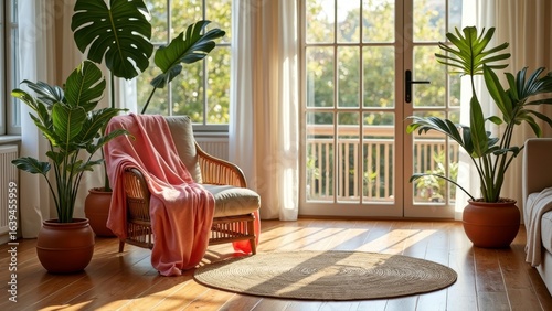 Cozy sunlit living room with rattan chair, green plants, and pink blanket