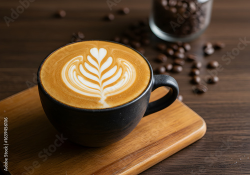 Freshly brewed hot latte or cappuccino with rosetta foam art in a black ceramic mug, served on a wooden board with coffee beans in the background.