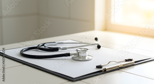 Stethoscope and clipboard on a tiled surface in a bright office setting symbolizing medical examination and documentation of patient information for accurate diagnosis and care management