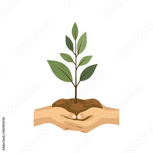 Vector illustration of hands holding soil with a fresh green seedling as a symbol of growth, nature, environment, and conservation