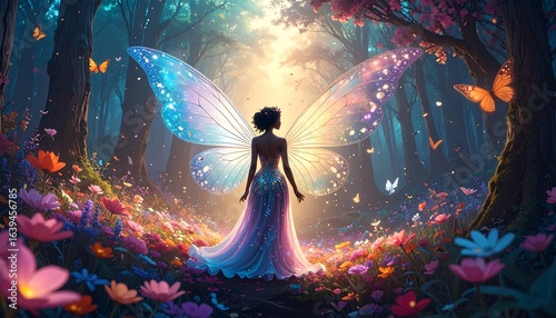 A mystical fairy figure with iridescent wings in a vibrant flower-filled forest.