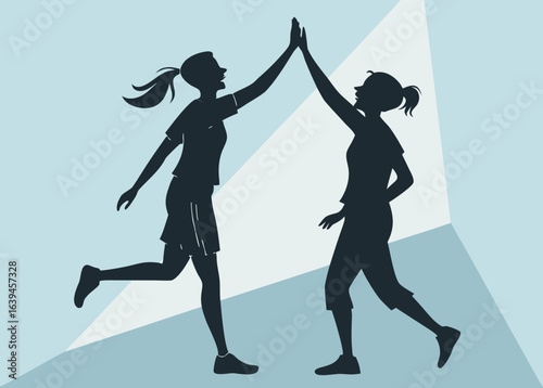 Two women in silhouette highfiving to celebrate success, teamwork, and friendship, conveying a sense of joy, achievement, and positive energy in a sporty and active lifestyle