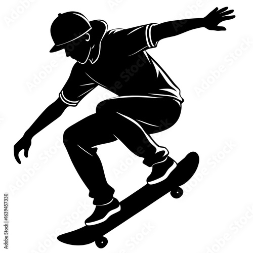 Silhouette of a skateboarder performing a jump trick, isolated on white background, capturing the energy and style of skateboarding culture
