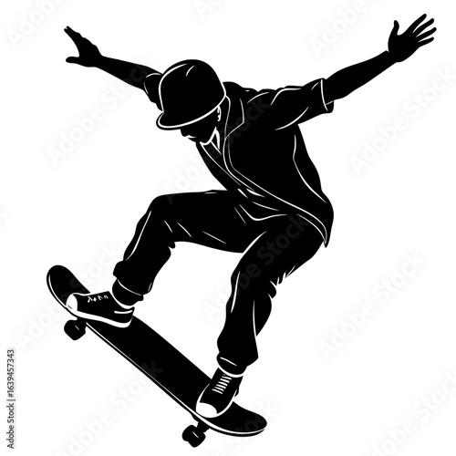 Silhouette of a skateboarder performing a jump trick, isolated on white background, capturing the energy and style of skateboarding culture