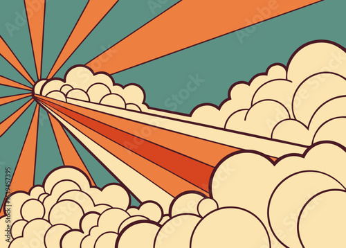 Retro vintage sunburst with clouds, a vibrant graphic design element evoking a nostalgic feel with its radial rays and earthy color palette