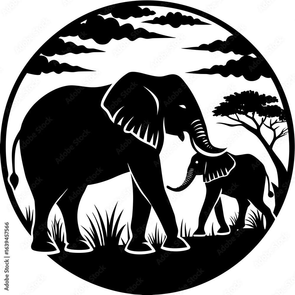 Fototapeta premium A serene african landscape featuring a mother elephant and her calf silhouetted against a cloudy sky, a symbol of family and the wild, isolated on white background