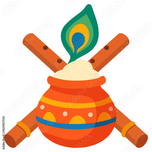 Dahi Handi with Flutes and Peacock Feather PNG Sticker