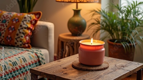 Cozy living room with candlelit ambiance and vibrant decor