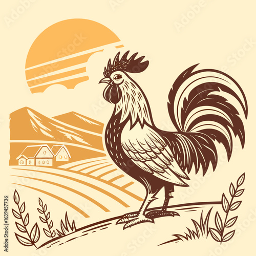Vintage rooster illustration with farm landscape featuring a rooster in the foreground, fields, mountains, houses, and a rising sun in a retro style