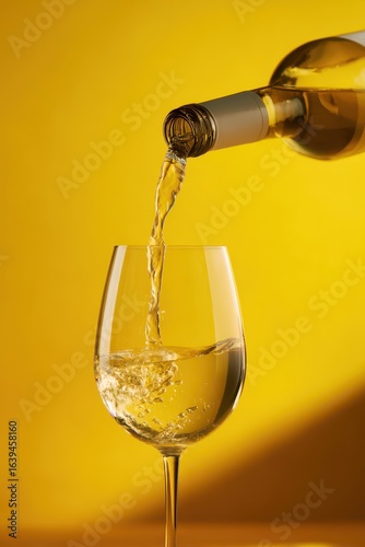 White wine pouring into glass against yellow background