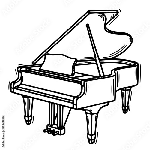 Black and white doodle grand piano icon with detailed lid and classical musical performance instrument design