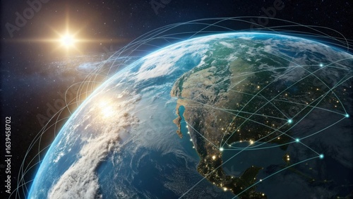 Global Communication Network Over Earth at Sunrise