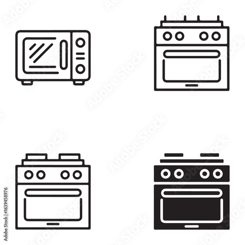 Modern kitchen appliances black and white icons