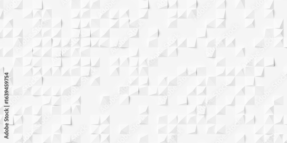 Fototapeta premium Scattered white offset random center polygon boxes or cubes polygon geometry background wallpaper banner, flat lay top view