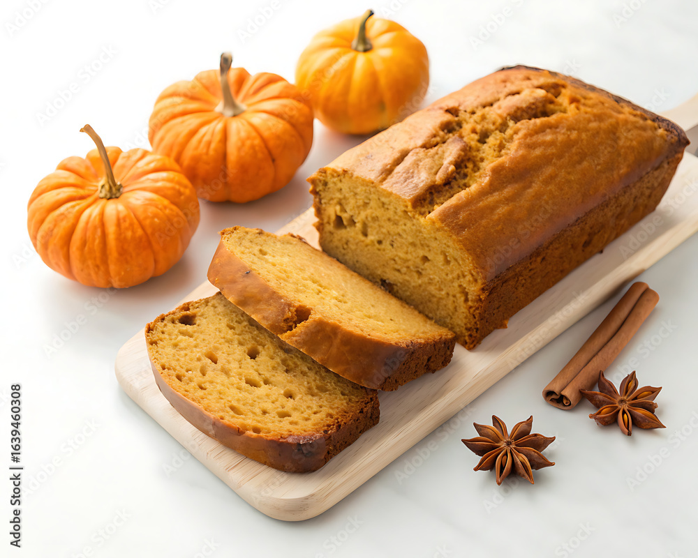 Pumpkin bread loaf sliced on a wooden board with pumpkins cinnamon and star anise on a white surface Pumpkin bread loaf sliced on a wooden board with pumpkins cinnamon and star anise on a white surface