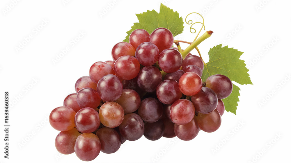 Obraz premium Fresh Red Grapes with Green Leaves on White Background