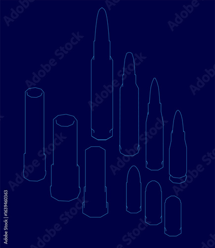 Various bullets are outlined in white against a blue background, creating a striking contrast. The line drawing features different bullet types with clean contours.