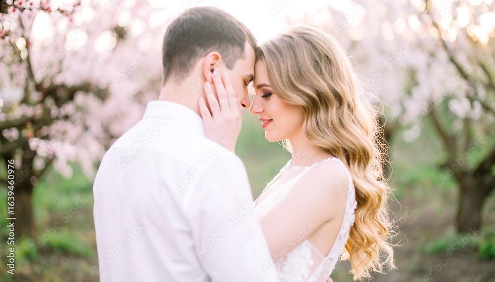 Couple embracing tenderly amongst blossoming trees. Couple embracing tenderly amongst blossoming trees.