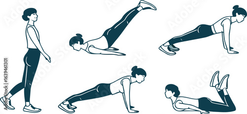 Woman doing fitness exercises and workout poses vector set

