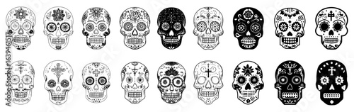 Sugar Skulls Vector Pack: Intricate sugar skulls, adorned with elaborate details, create a striking pattern, perfect for celebrating Day of the Dead, adding a touch of tradition to any design.