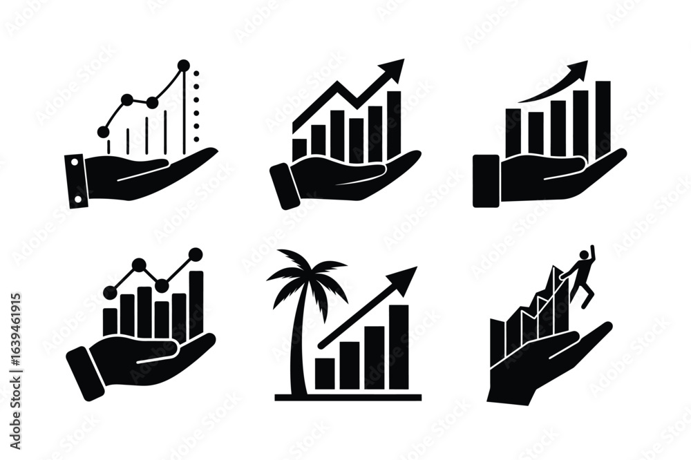 Fototapeta premium Growing graph in hand business success growth chart vector silhouette on white background